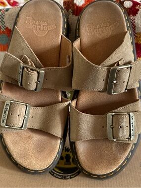 Dr. Martens Josef Savanna Tan Suede Double-Buckle Slide Sandals women’s 8 men’s